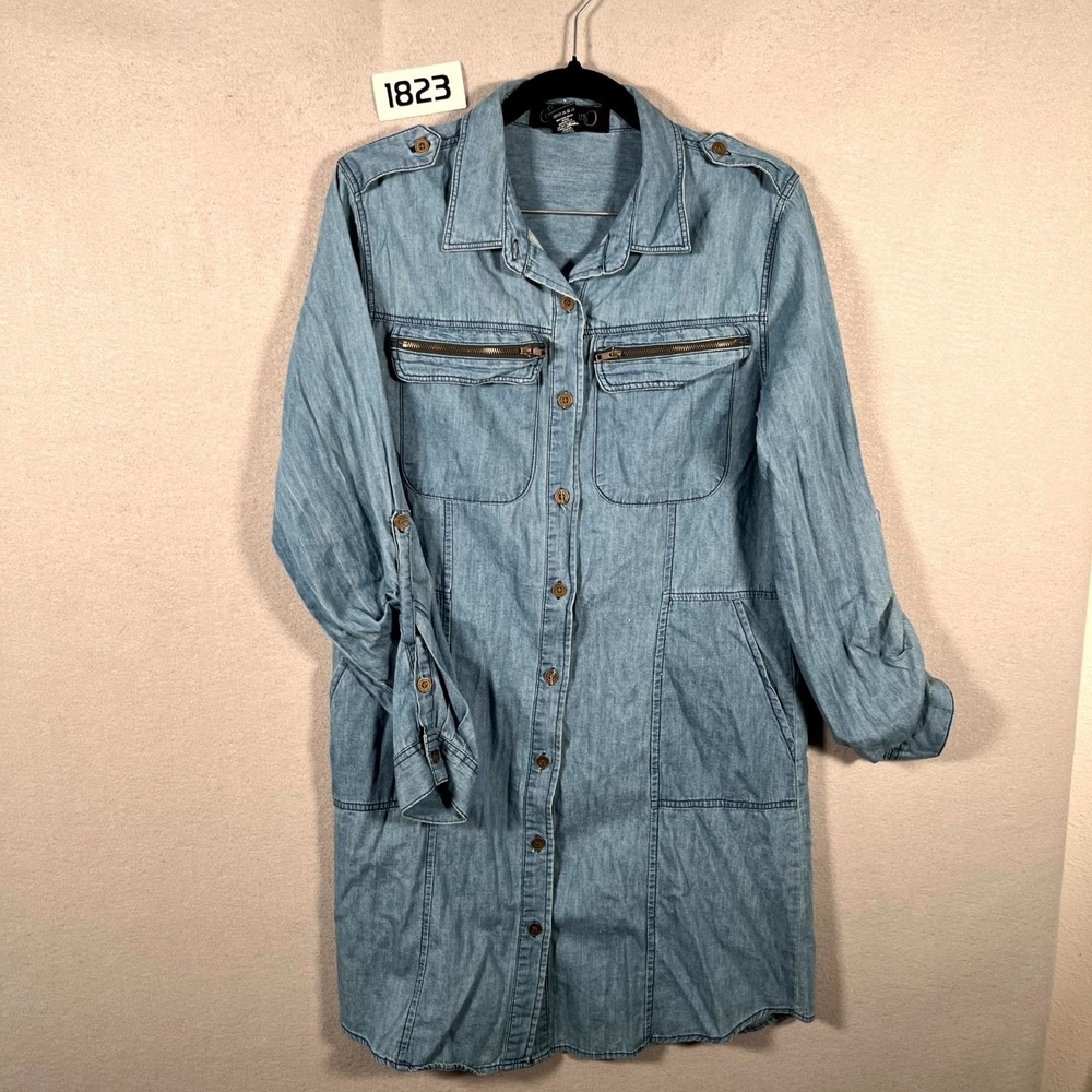 100% Cotton Spoon Jeans‎ Denim Shirt Dress Womens Medium Blue Big Pockets
